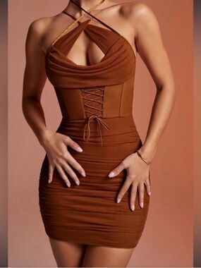 Oh Polly NOELANI Halter Neck Corset Mini Dress in Brown